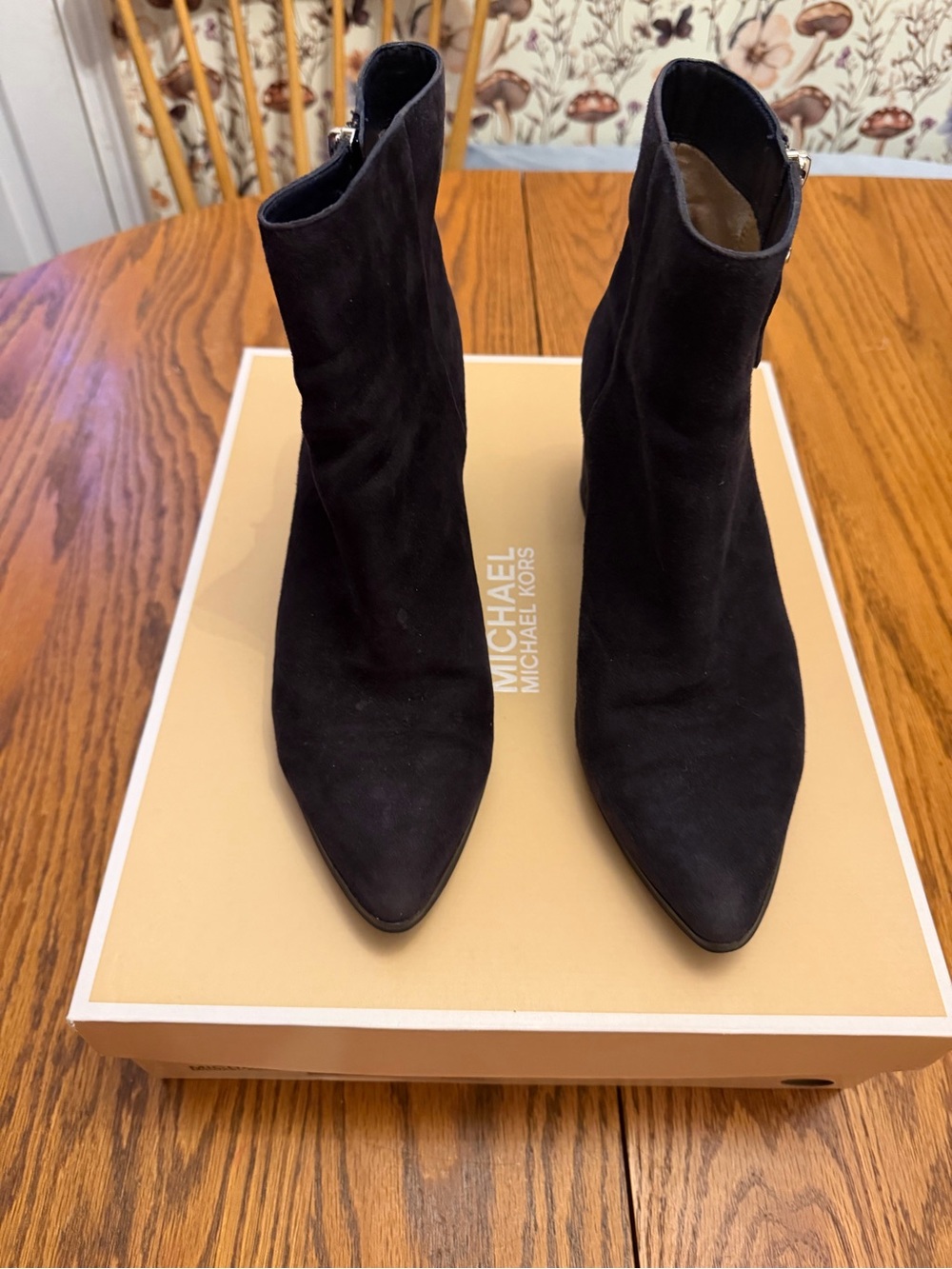 MICHAEL Michael Kors Navy Suede Pointed Ankle Booties with Side Zip